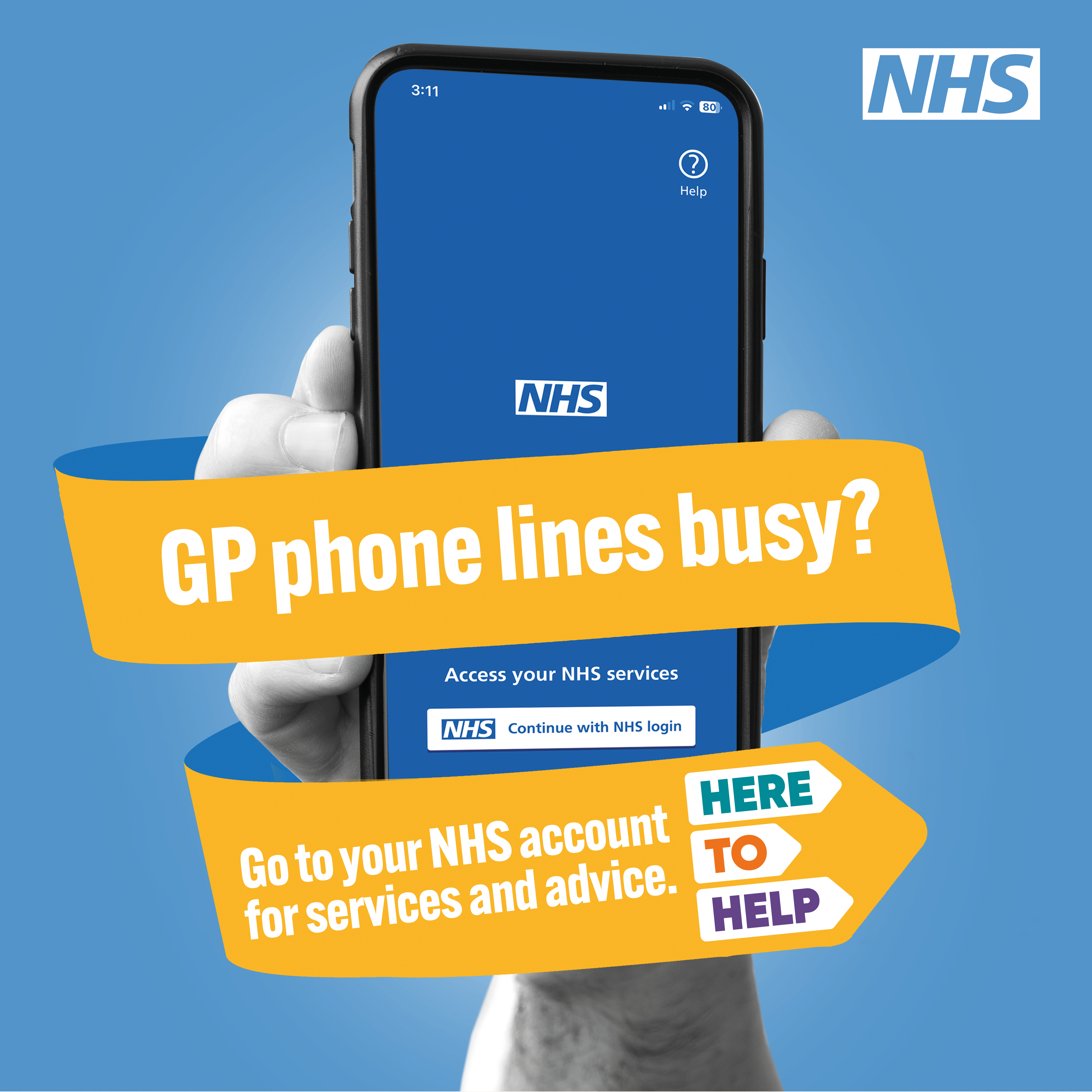 Mobile phone with banner saying GP phone lines busy? Go to your NHS account for services and advice