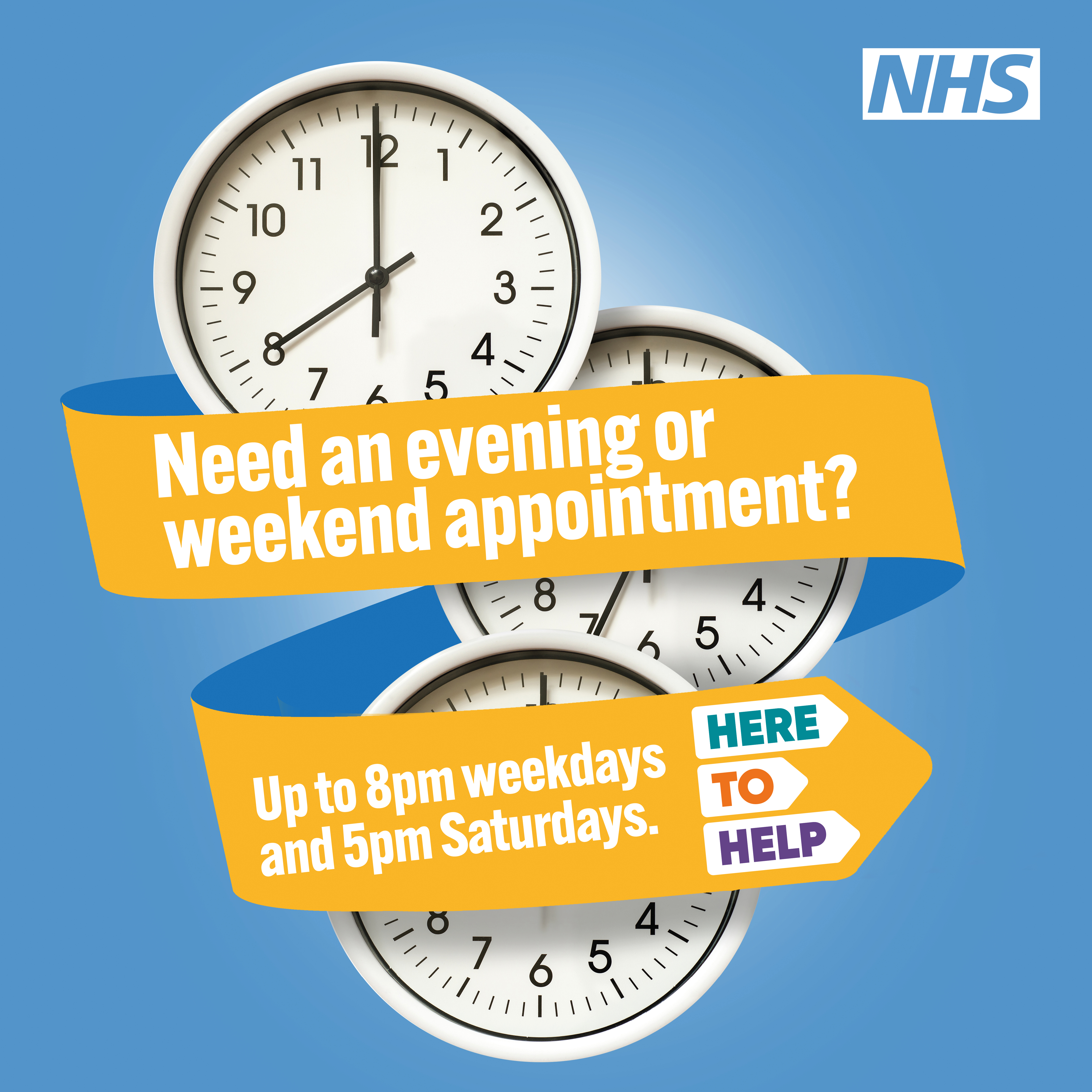 Clocks with banner saying need an evening or weekend appointment? Up to 8pm weekdays and 5pm saturdays