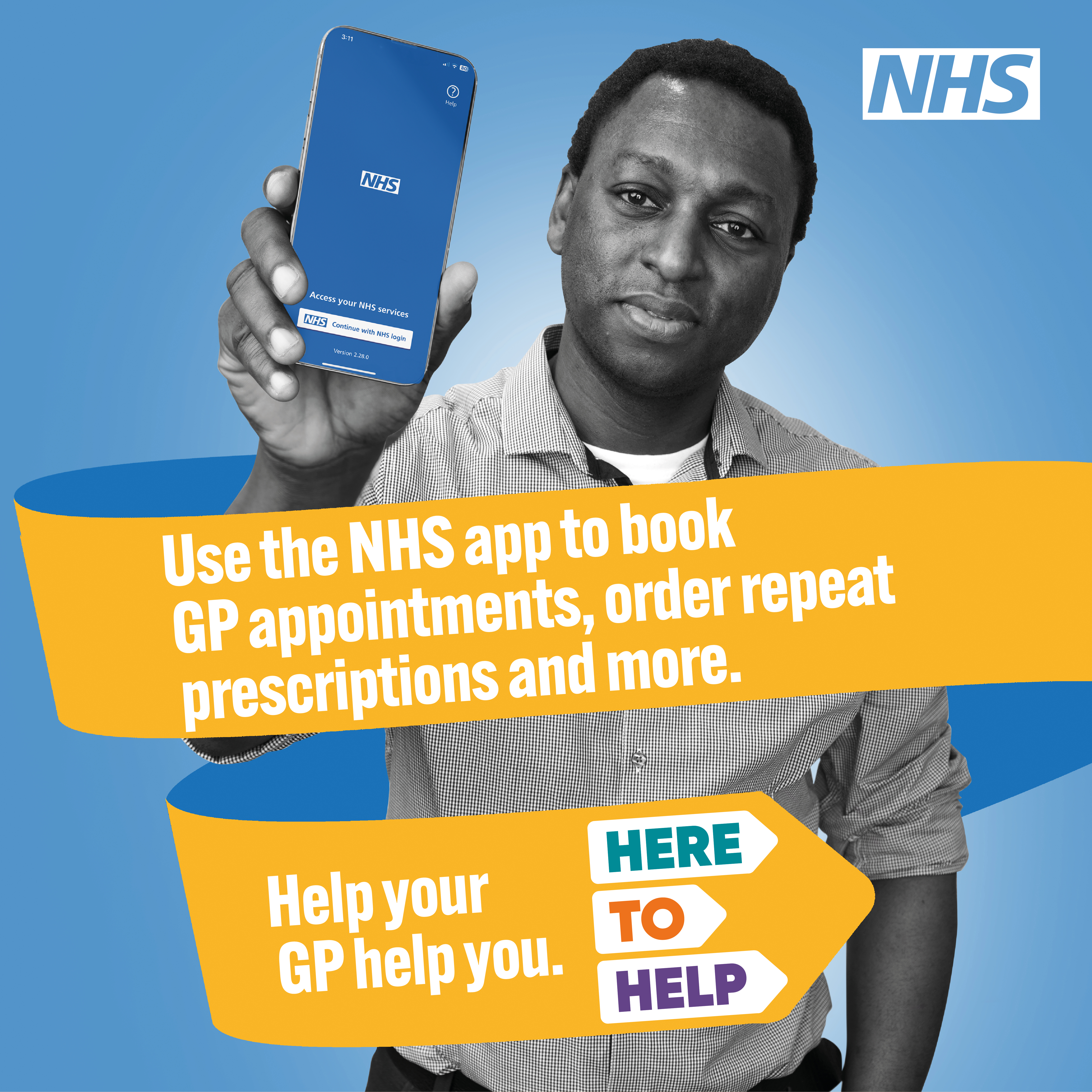 Doctor holding phone with a banner saying use the NHS App to book GP practice appointments, order repeat prescriptions and more