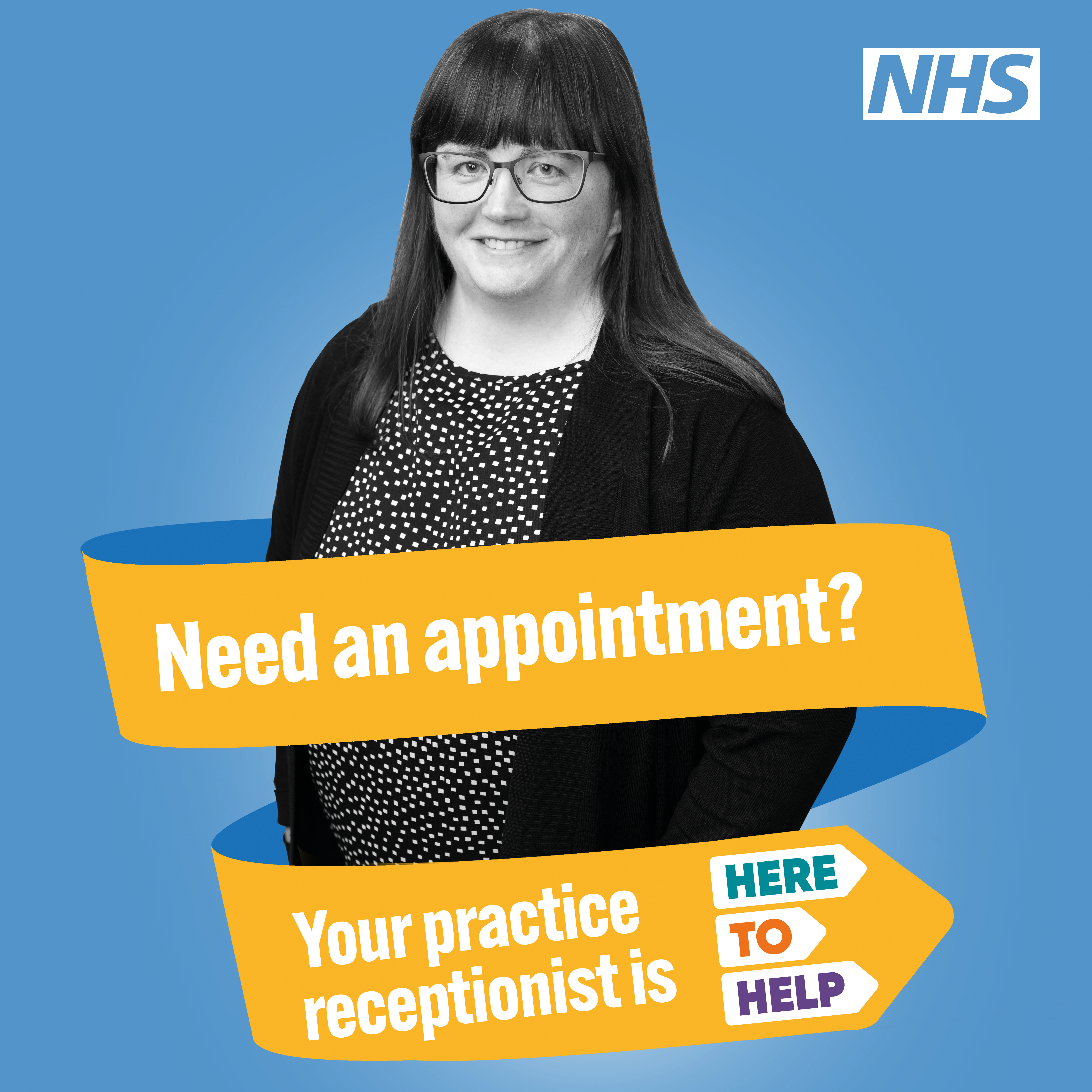 Female receptionist with a banner saying need an appointment, your receptionist is here to help